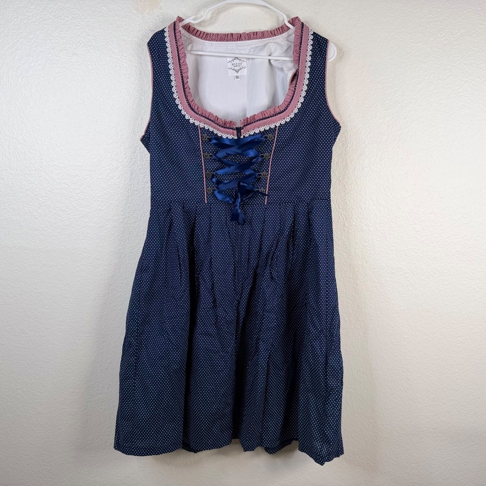 Hiziti Oktoberfest Dress XL Dirndl Blue Polka Dot German Beer Milkmaid Lace up